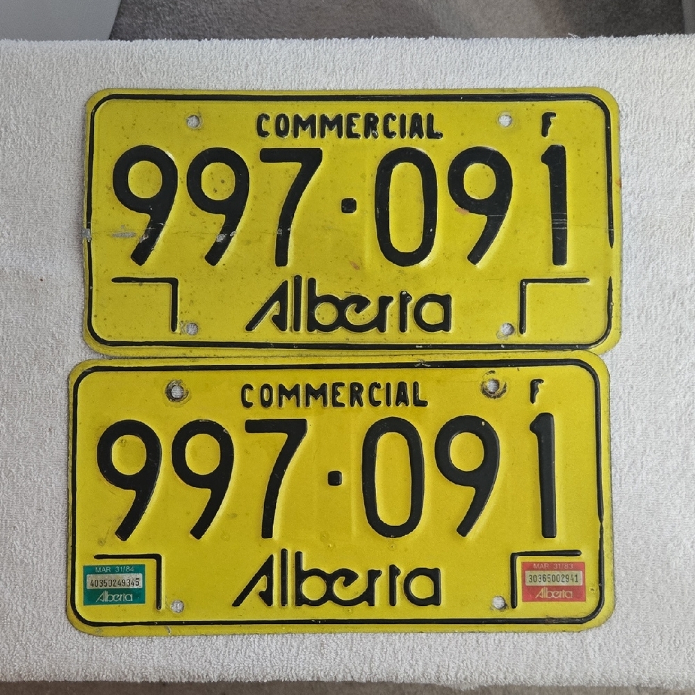 Vintage 1980s Alberta Commercial License Plate Matched Pair